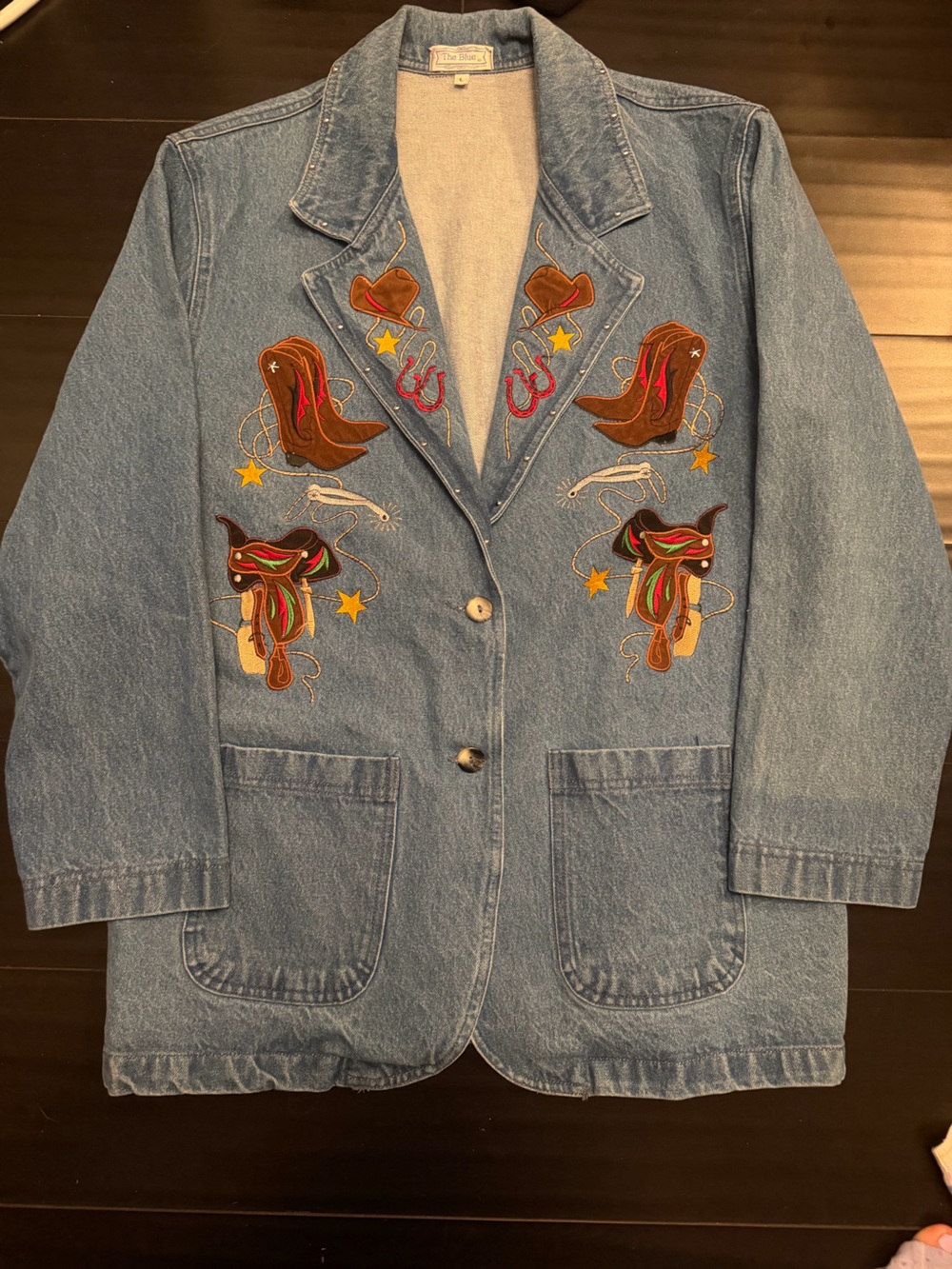 Vintage Embroidered Western Denim Jean Jacket - Blue Euc size large